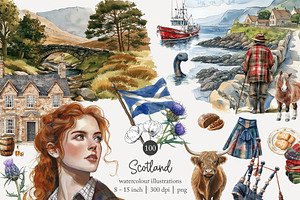 100 watercolour Scotland clip art