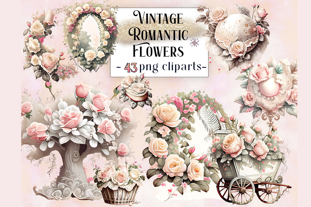 Vintage Romantic Flowers Cliparts, a Decorative Illustration by EdeniaArtStudio (Photo 1 of 10)