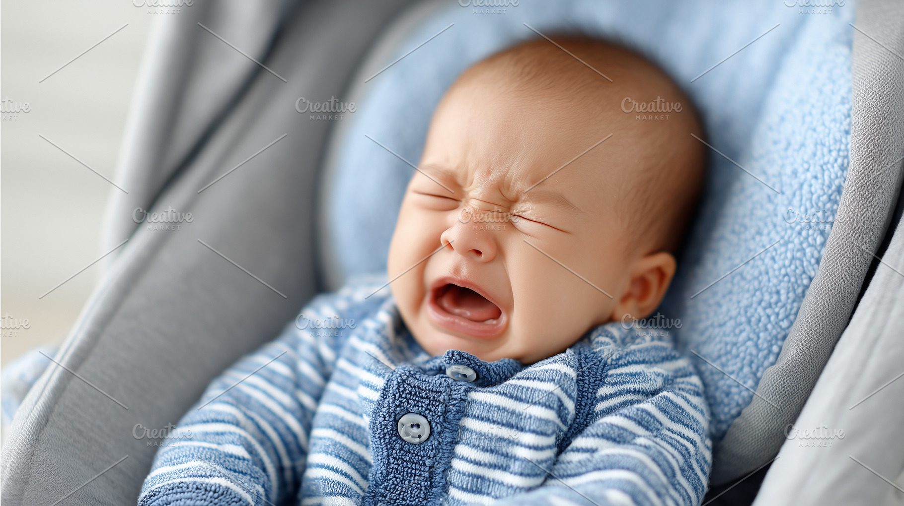 Crying baby sitting in a car seat, a Person Photo by MistyDay