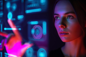 Young woman interacts with a virtual, a Technology Photo by MistyDay