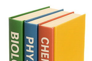 Textbooks for biology, physics, and, an Illustration by Dvoevnore photos