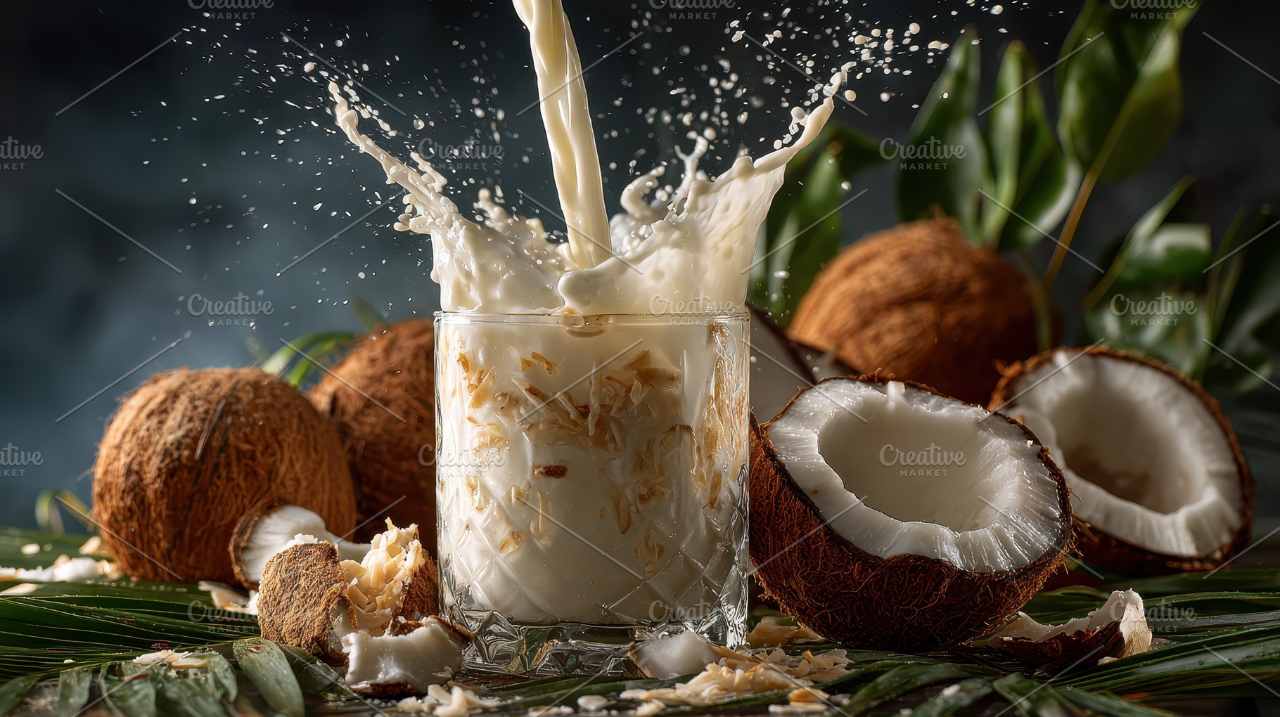 Coconut milk splashing into glass tr, a Photo by Pixeness Studio