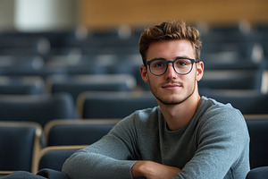 Student listens to a lecture in large auditorium, a Photo by AlyaAnd