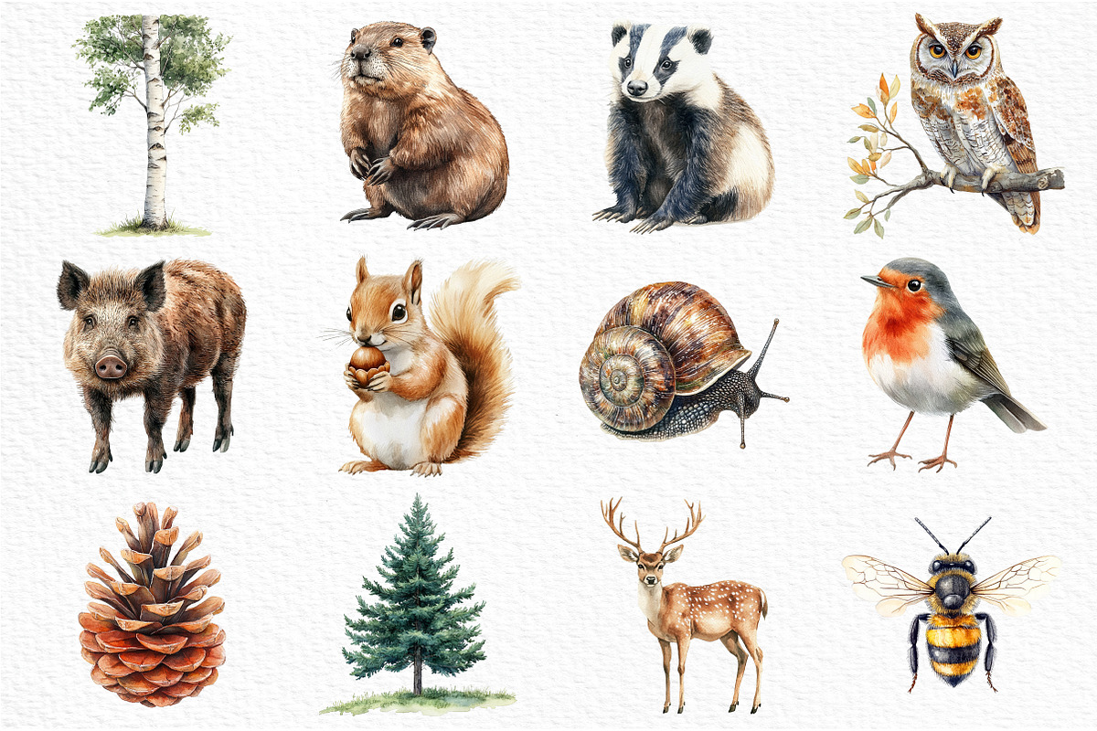 Watercolor Woodland Life Clipart, an Illustration by Craft Nest (Photo 2 of 6)