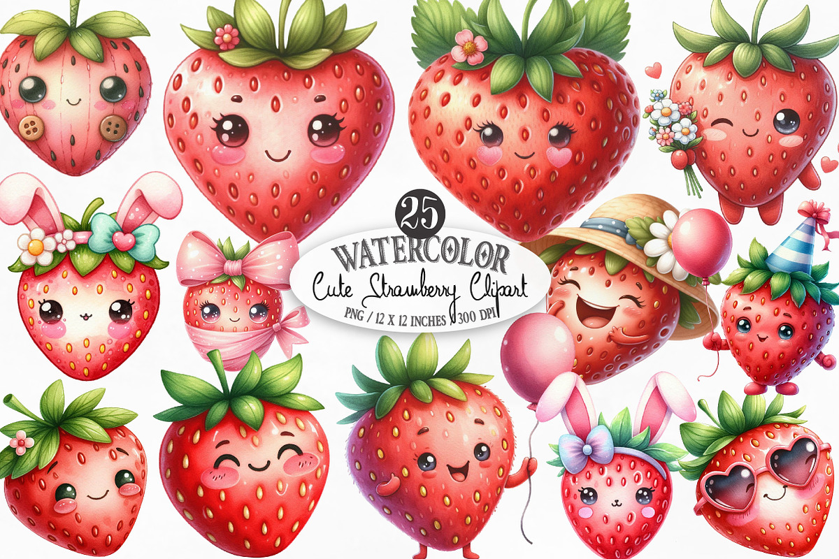 Watercolor Cute Strawberry Clipart, an Illustration by Designking (Photo 1 of 4)