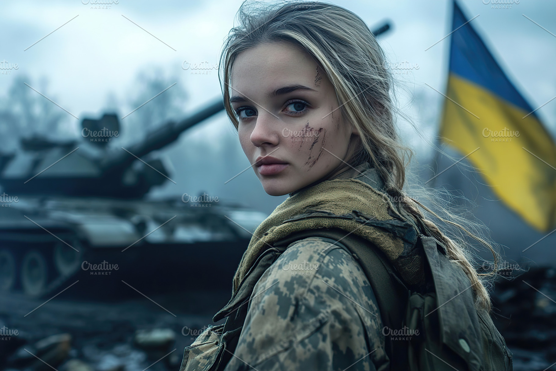 Young soldier in military attire stands near damaged tank with Ukrainian flag b, a Person Photo by AlyaAnd