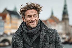 Smiling middle-aged man with tousled hair wearing wool coat and, a Person Photo by José Manuel Gelpi