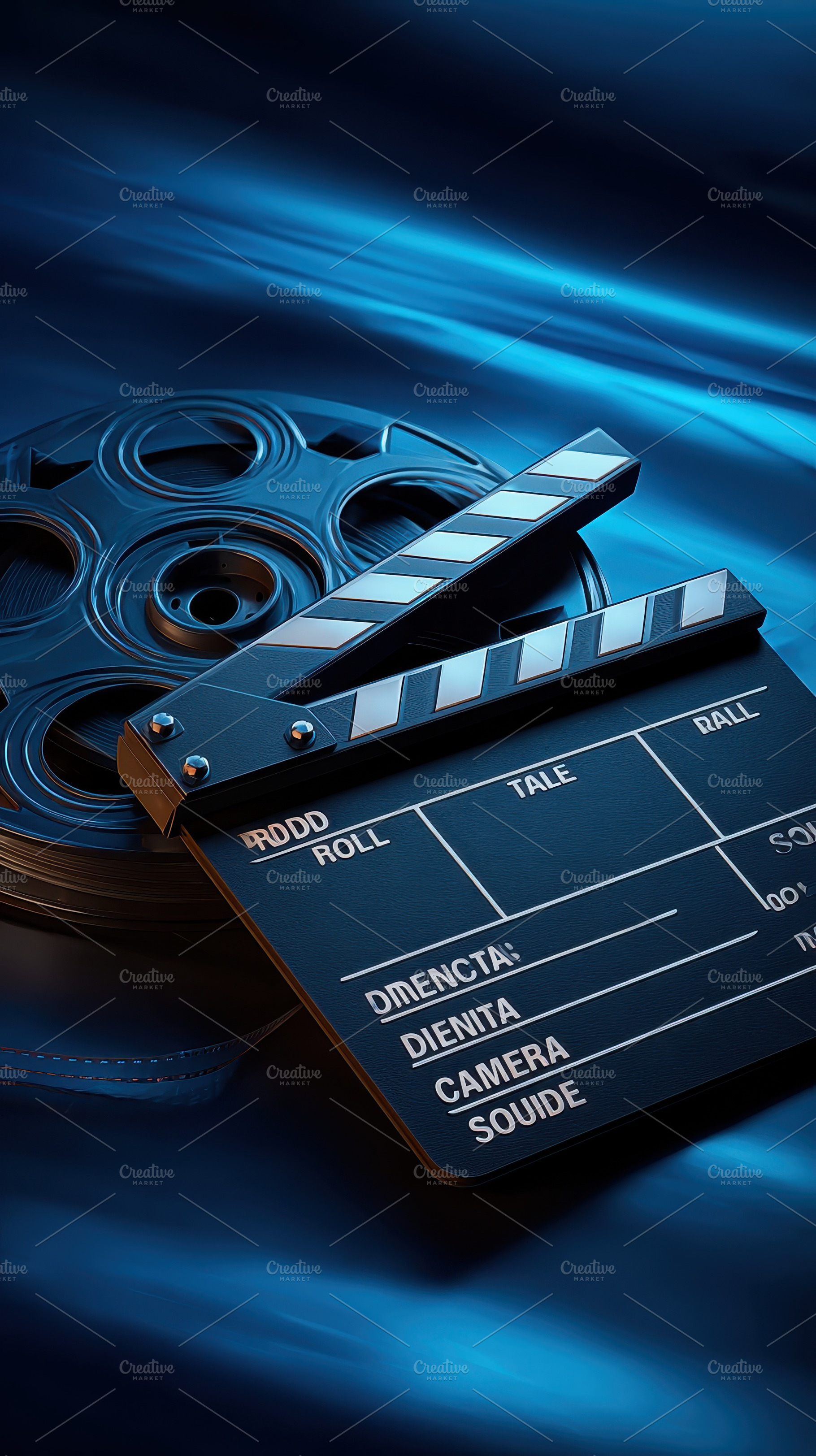 Film reel and clapperboard movie pro, a Photo by Pixeness Studio
