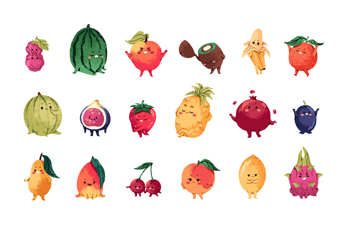Cute funny fruits set + backgrounds, a Food Illustration by PaperTrident (Photo 1 of 8)