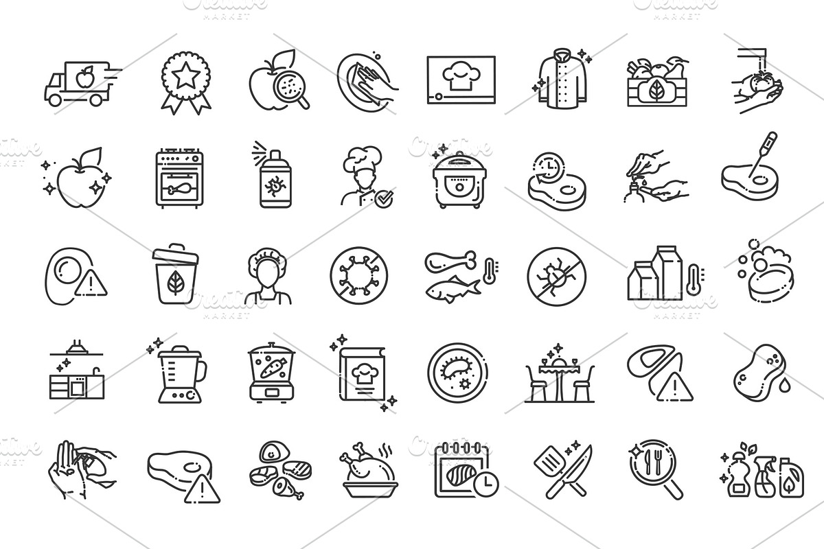 Set of outline food safety icons, a Food Illustration by Tettygreen (Photo 2 of 3)