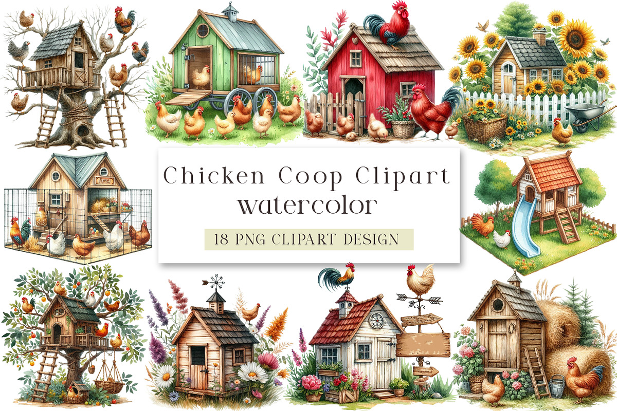 Watercolor Chicken Coop Clipart, a Seasonal Illustration by DreamArtGraphic (Photo 1 of 4)