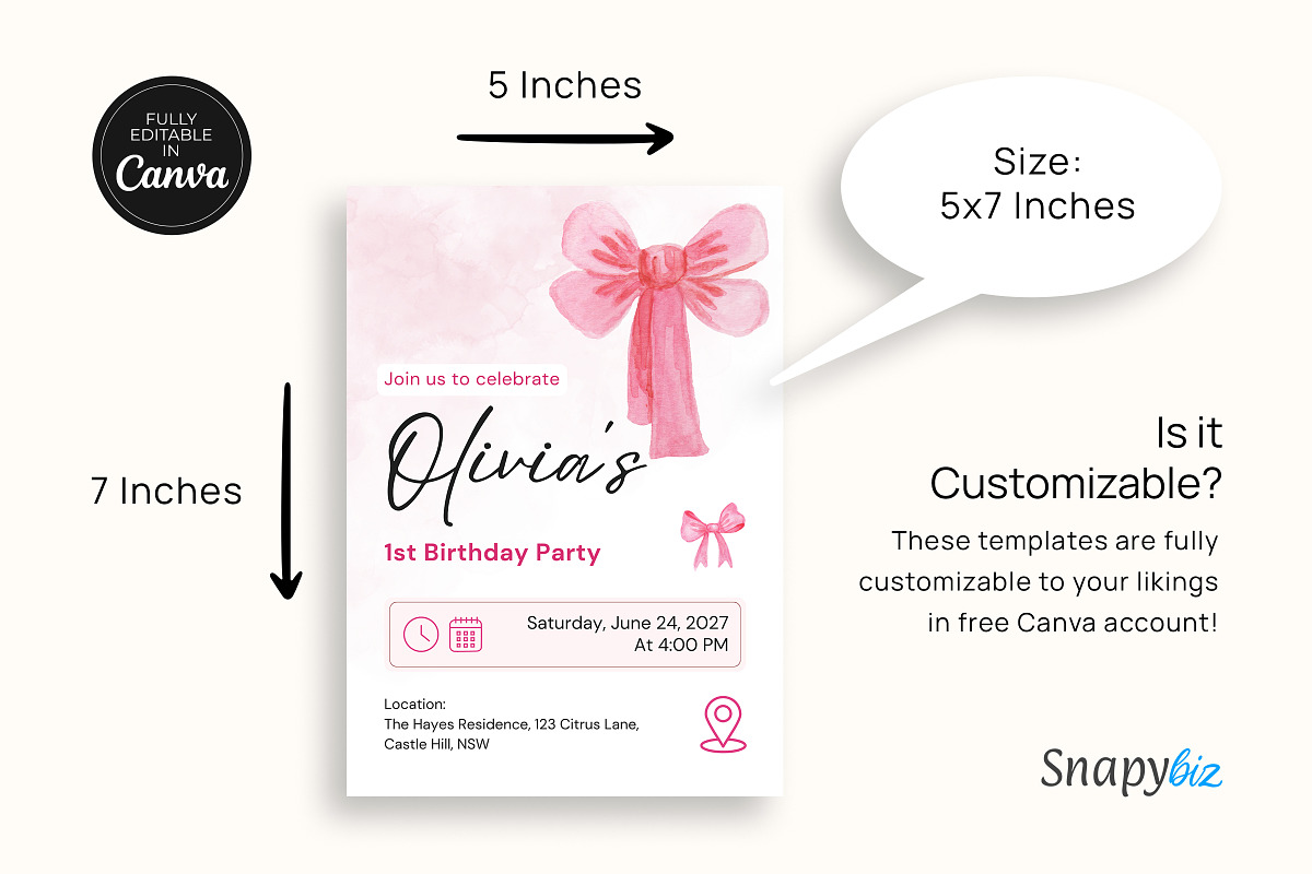 Pink Bow Birthday Invitation Canva, an Invitation Template by Snapybiz (Photo 8 of 10)