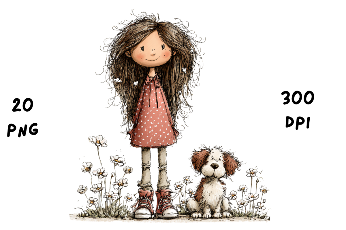 Whimsical Floral Girl and Puppy, an Animal Illustration by GiraffeCreative (Photo 10 of 20)