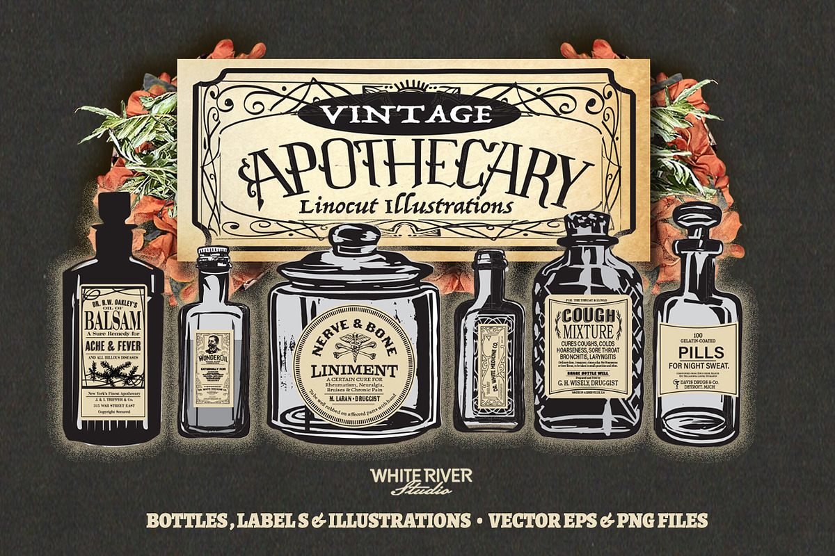 Vintage Apothecary Linocuts, an Illustration by WhiteRiverStudio (Photo 1 of 8)