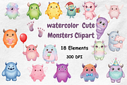 Watercolor Cute Monsters Clipart, a Decorative Illustration by BerryPieArt (Thumbnail 1 of 4)