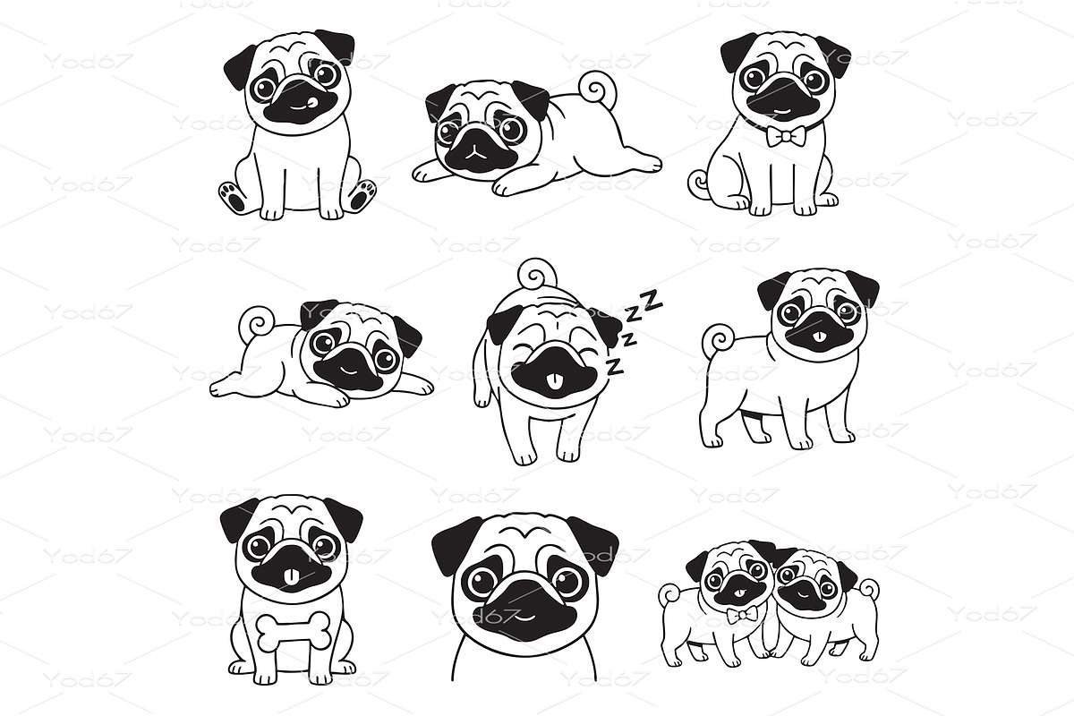 Adorable set of cartoon pug dogs., an Animal Illustration by yod67