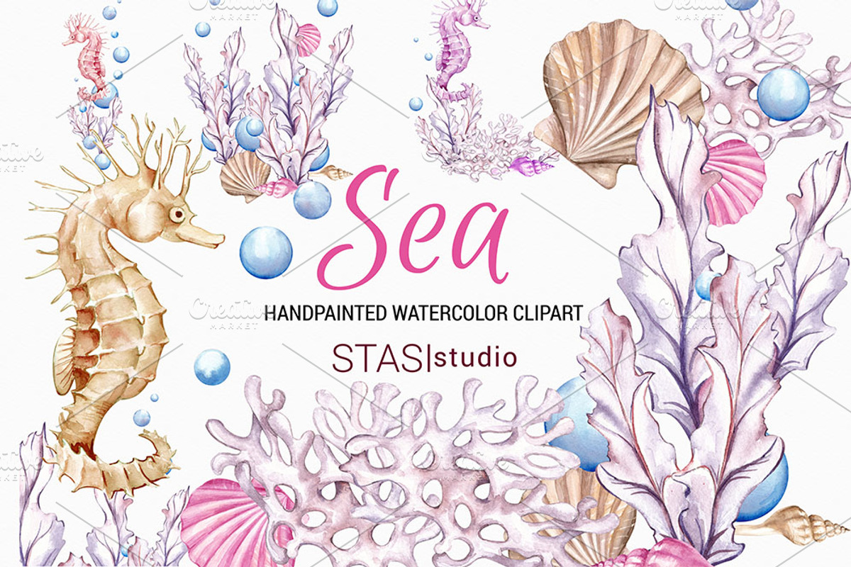 Watercolor Seahorse & Ocean Clipart, a Decorative Illustration by STASIstudio (Photo 1 of 3)