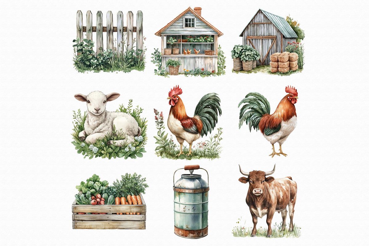 Watercolor Farm Barn Animals Clipart, an Illustration by Libby Wishes (Photo 3 of 4)