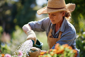 Watering vibrant flowers in a backyard garden under the warm sunlight, a Person Photo by AlyaAnd