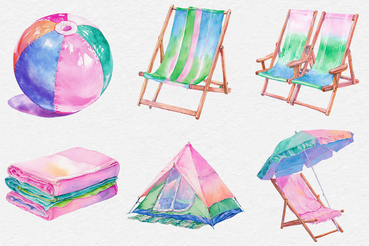 Watercolor Beach Clipart, an Illustration by DreamCafeArt (Photo 2 of 7)