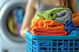 Woman folding freshly cleaned laundr, a Photo by Pavel_design