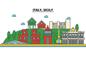 Italy, Sicily. City Skyline: Architecture, Buildings, Streets, Silhouette, Landscape, Panorama, Landmarks. Editable Strokes. Flat Design Line Vector I