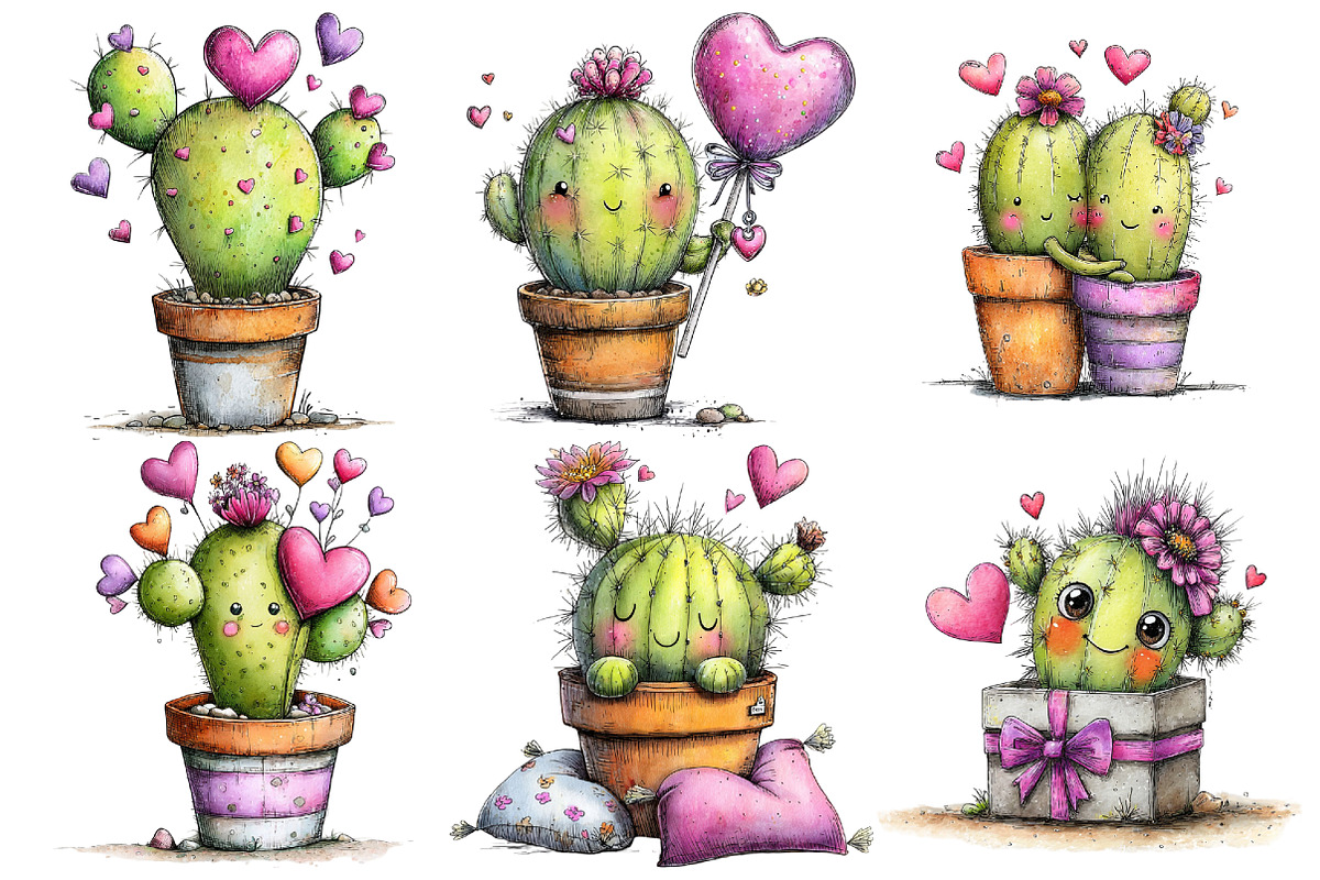 Whimsical Cactus Valentine's Day, an Illustration by Pixels.Craft (Photo 5 of 5)
