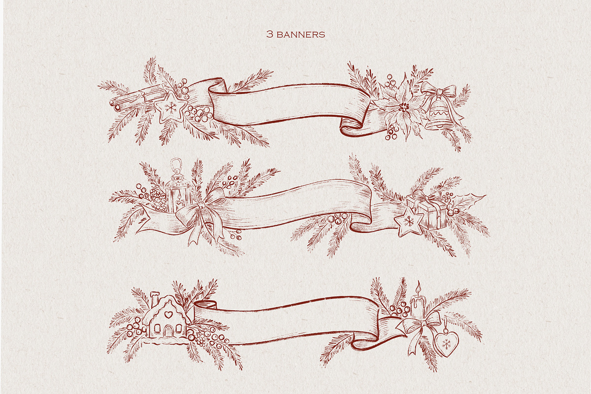 Burgundy Vintage Christmas Line Art, a Decorative Illustration by AlenaVlasko stock Market (Photo 4 of 7)