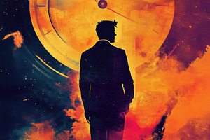 A silhouette of a man in a suit standing against a vibrant, abstract background, an Arts & Entertainment Photo by Textures & Backgrounds