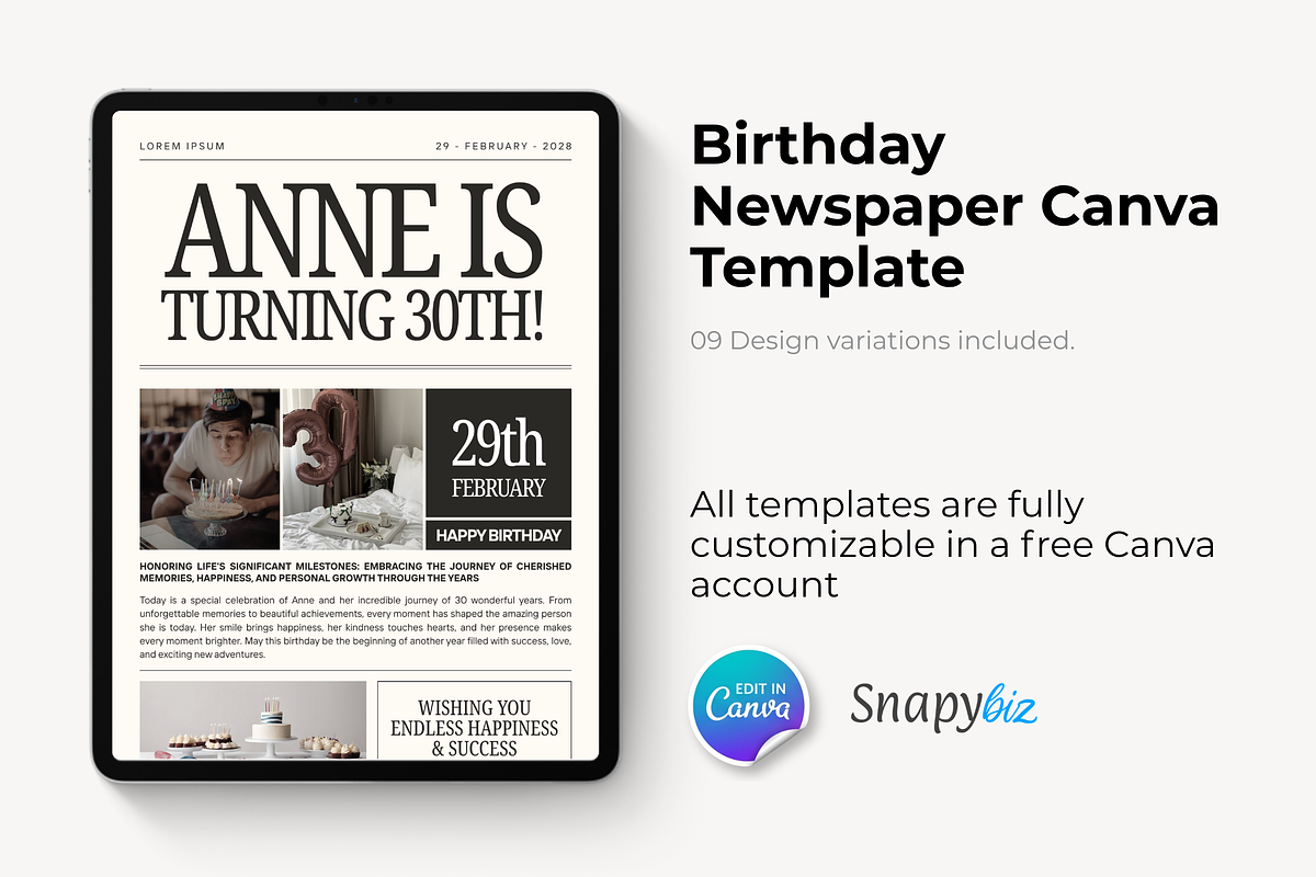 Birthday Newspaper Canva Template, a Magazine Template by Snapybiz (Photo 6 of 10)