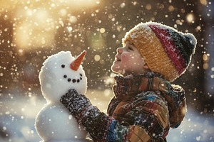 Joyful child builds a snowman while, a Photo by Tanuart
