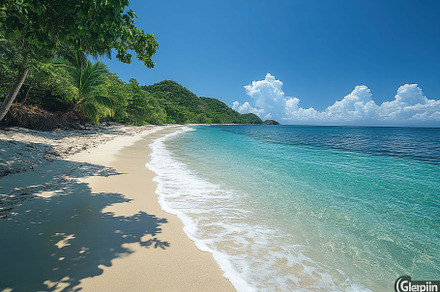 Beautiful serene beach with clear tu, a Photo by Tanuart