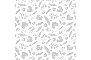 Vector Silver Grey Tropical Summer Hawaiian Seamless Pattern With Tropical Plants, Leaves, And Hibiscus Flowers On White Background. Great For Vacatio