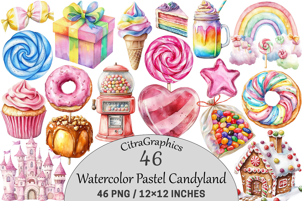 Watercolor Pastel Candyland Clipart, an Illustration by CitraGraphics (Photo 1 of 5)