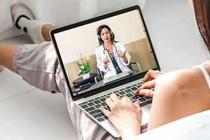 Woman talk speak using laptop computer and video conference onli