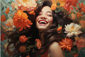 Joyful Smiling Woman In Flowers