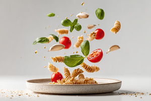 Dynamic pasta dish with fresh ingredients, a Food & Drink Photo by AlyaAnd