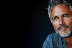 Confident mature man with gray hair and beard wearing a gray shi, a Person Photo by José Manuel Gelpi