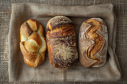 Different kinds of baked bread on burlap, a Food & Drink Photo by AlyaAnd
