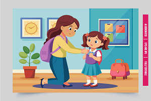 Mother helps girl backpack, an Illustration by Tanuart