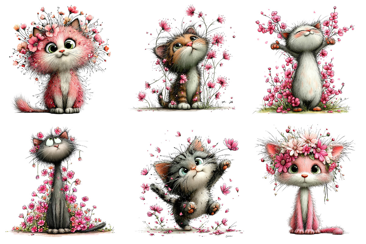 Whimsical Spring Cats Clipart Bundle, an Illustration by Dream Creation (Photo 2 of 6)