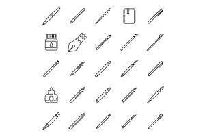 Calligraphy Tools Icons Set Outline