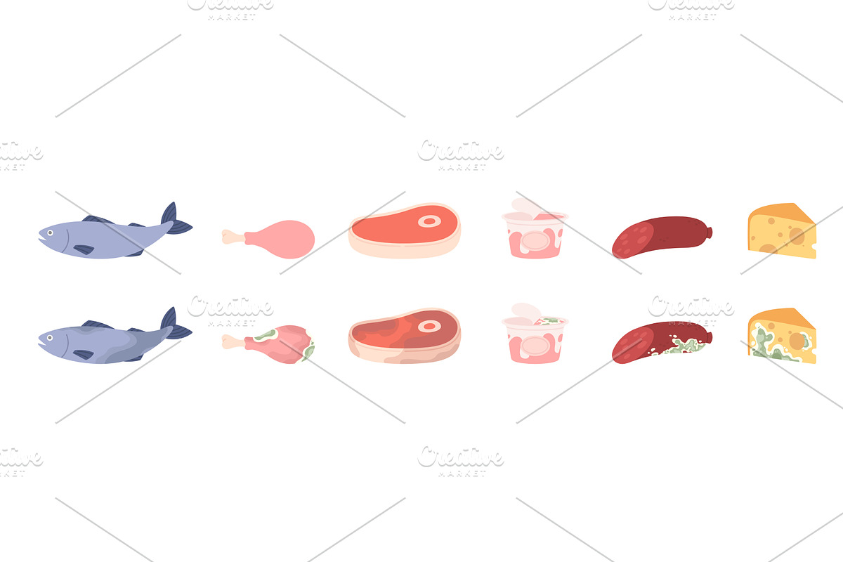 Fresh and spoiled food. Protein meat, a Food Illustration by LadadikArt