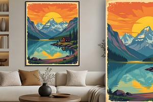 Vintage Poster Cabin By a Lake, a Decorative Illustration by Sharon Schwalbe