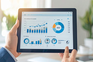 Hand holding a tablet showing a dashboard with analytics data, a Technology Photo by DanFLCreativo