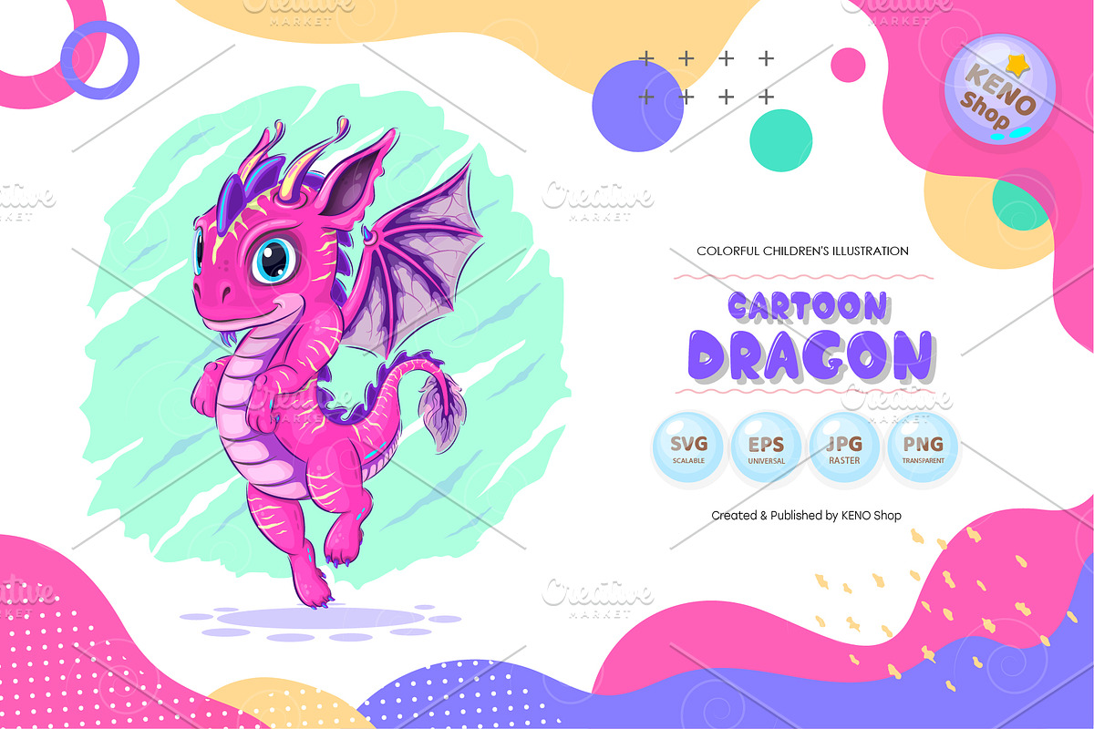 Colorful cartoon dragon. Tshirt, PNG, an Animal Illustration by KENO Mascots (Photo 1 of 4)