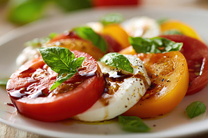 Fresh caprese salad with heirloom tomatoes and basil on a rustic wooden table, a Food & Drink Photo by AlyaAnd