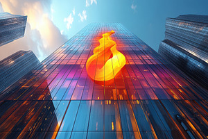 Modern skyscraper illuminated with v, a Photo by Tanuart