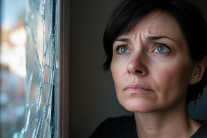 Worried woman looks out through, a Person Photo by MistyDay
