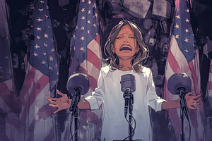 Young girl passionately addressing crowd with flags in the background, an Illustration by AS photostudio